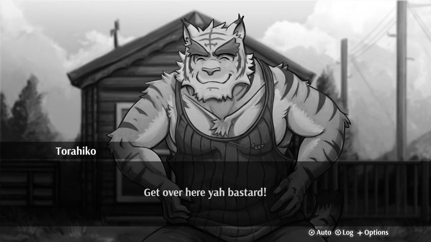 absurd_res anthro big_muscles black_and_white bottomwear building cables clothed clothing cloud english_text eyes_closed felid hi_res house landscape male mammal monochrome morenatsu muscular pantherine pants plant pole railing shirt sky smile solo street tank_top text tiger topwear torahiko_(morenatsu) tree video_games visual_novel zcdartz