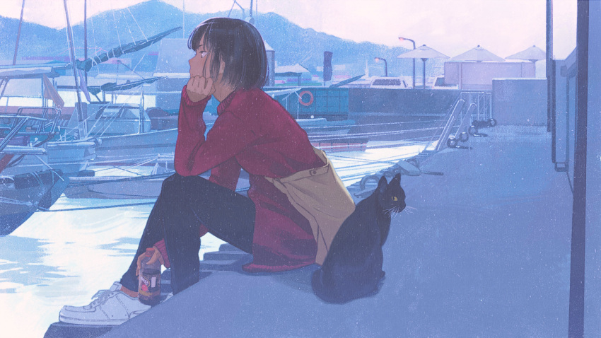 1girl absurdres black_cat black_hair blue_theme boat bob_cut bottle cat dock gemi hand_on_own_chin hand_on_own_face highres jetty lamppost mountain original red_shirt shirt sitting solo water watercraft
