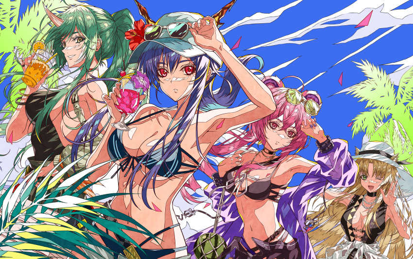 4girls ;d absurdres ahoge animal_ear_fluff animal_ears arknights arm_up armpits arms_up bare_arms bare_shoulders baseball_cap bead_necklace beads belt bikini black_bikini black_choker black_swimsuit blonde_hair blue_hair blue_sky bracelet breasts casual_one-piece_swimsuit center_opening ch'en_(arknights) ch'en_the_holungday_(arknights) cherry choker cleavage clothes_around_waist collarbone cup day disposable_cup drink earrings ears_through_headwear eyewear_on_head fingernails flower food fruit green-tinted_eyewear green_eyes green_hair hand_on_hip hat highres holding holding_cup horns hoshiguma_(arknights) jewelry large_breasts lin_yuhsia_(arknights) long_hair long_sleeves looking_at_viewer mouse_ears multiple_girls nail_polish navel necklace off_shoulder official_alternate_costume one-piece_swimsuit one_eye_closed oni_horns open_fly orange_(fruit) orange_slice outdoors palm_tree parted_lips pink_eyes pink_hair ponytail purple_flower purple_nails red_eyes see-through shokikanes sideboob sidelocks skin-covered_horns sky small_breasts smile stomach stud_earrings sun_hat sunglasses swimsuit swire_(arknights) tiger_ears tinted_eyewear tree very_long_hair watermelon white_headwear yellow_eyes