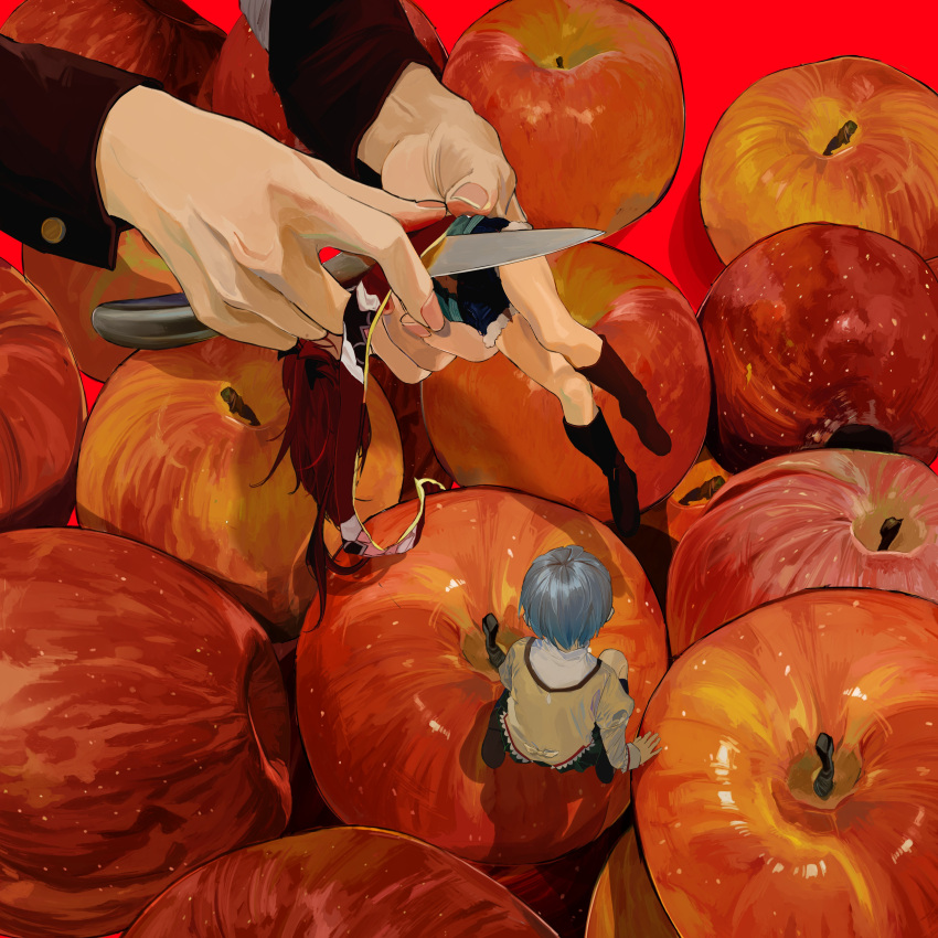 absurdres apple blue_hair food from_above fruit hands highres knife mahou_shoujo_madoka_magica miki_sayaka minigirl mitakihara_school_uniform peeling red_theme sakura_kyouko sate_(ryu_ryu_1212m) school_uniform short_hair surreal symbolism