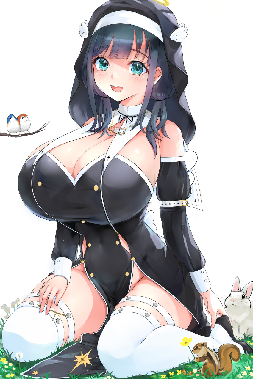 1girl absurdres amano_nene_(vtuber) aqua_eyes bangs bird black_dress black_hair blunt_bangs blush branch breasts cleavage commentary_request commission detached_sleeves dress eyebrows_visible_through_hair flower grass highres huge_breasts kntrs_(knyrs) looking_at_viewer medium_hair nun pelvic_curtain production_kawaii simple_background sitting skeb_commission smile solo squirrel thighhighs virtual_youtuber wariza white_background white_legwear