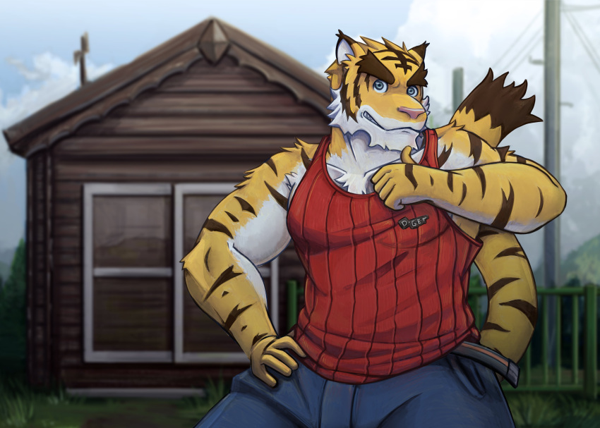 absurd_res anthro big_muscles blue_bottomwear blue_clothing blue_eyes blue_pants bottomwear building cables clothing cloud felid grass hi_res house landscape male mammal morenatsu muscular pantherine pants plant pole railing shirt sky solo street tank_top tiger topwear torahiko_(morenatsu) tree video_games visual_novel zcdartz