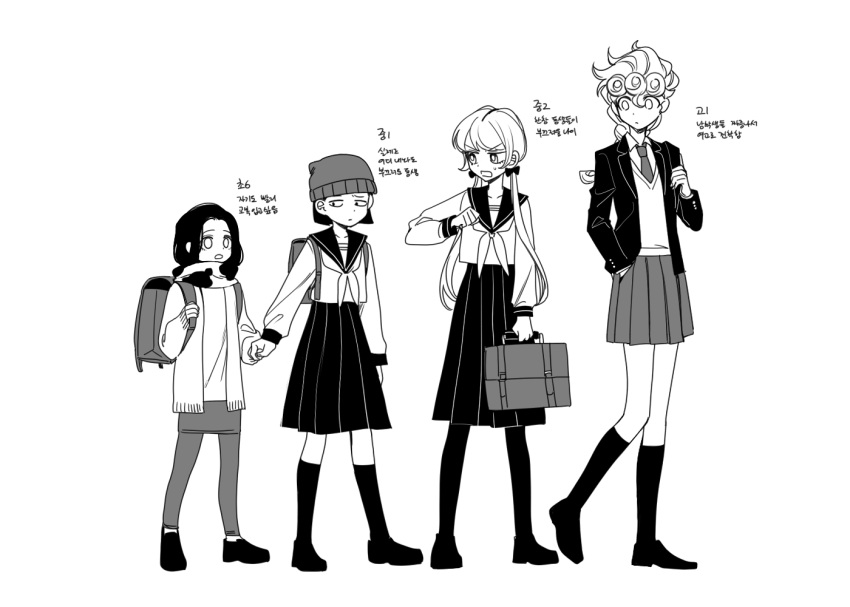 4girls backpack bag beanie bookbag braid cardigan donatello_versace genderswap genderswap_(mtf) giorno_giovanna greyscale hat height_difference holding_hands jojo_no_kimyou_na_bouken kneehighs long_skirt monochrome multiple_girls necktie pantyhose pleated_skirt rikiel school_uniform sempon_(doppio_note) serafuku siblings sisters skirt stone_ocean sweater_vest ungaro vento_aureo