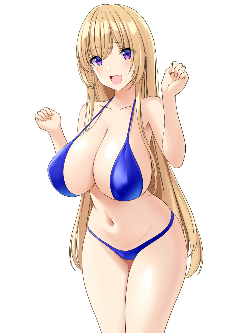 1girl :d absurdres bangs bare_arms bare_shoulders bikini blonde_hair blue_bikini blush breasts cleavage collarbone cowboy_shot eyebrows_visible_through_hair hands_up highres huge_breasts long_hair looking_at_viewer marui_koishi navel open_mouth original purple_eyes revision simple_background smile solo straight_hair swimsuit thighhighs very_long_hair white_background