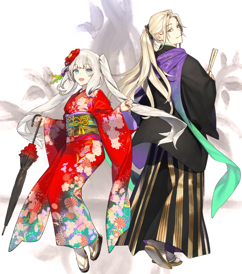 1boy 1girl bangs black_kimono black_umbrella blonde_hair blue_eyes blunt_bangs closed_fan closed_mouth closed_umbrella eyebrows_visible_through_hair fate/grand_order fate_(series) floral_print flower folding_fan full_body ginka_sima grey_background grey_hair hair_flower hair_ornament hand_fan highres holding holding_fan holding_umbrella japanese_clothes kanzashi kimono long_hair long_sleeves looking_at_viewer marie_antoinette_(fate) open_mouth parted_bangs ponytail print_kimono red_kimono sandals sash smile tabi twintails umbrella very_long_hair white_legwear wide_sleeves wolfgang_amadeus_mozart_(fate) zouri