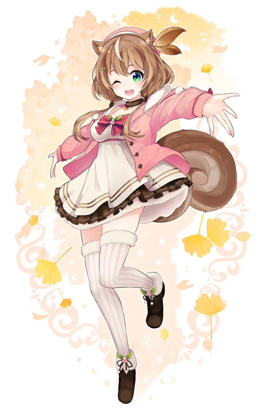 1girl absurdres aho animal_ears anklet ayunda_risu brown_hair cardigan dress floating fold-over_boots fur_trim green_eyes hat highres hololive hololive_indonesia jewelry looking_at_viewer midair one_eye_closed open_cardigan open_clothes open_mouth sidelocks smile solo squirrel_ears squirrel_girl squirrel_tail tail thighhighs