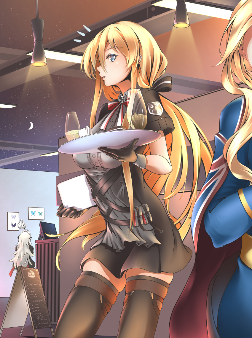 3girls absurdres alternate_hairstyle azur_lane bismarck_(azur_lane) bismarck_(iron_black_elysium)_(azur_lane) blonde_hair blue_eyes cafe cowboy_shot drink highres hood_(azur_lane) madakov_kodima maid multiple_girls notice_lines official_alternate_costume surprised thighhighs tied_hair tray z46_(azur_lane) z46_(chronicles_of_the_dust_war)_(azur_lane)