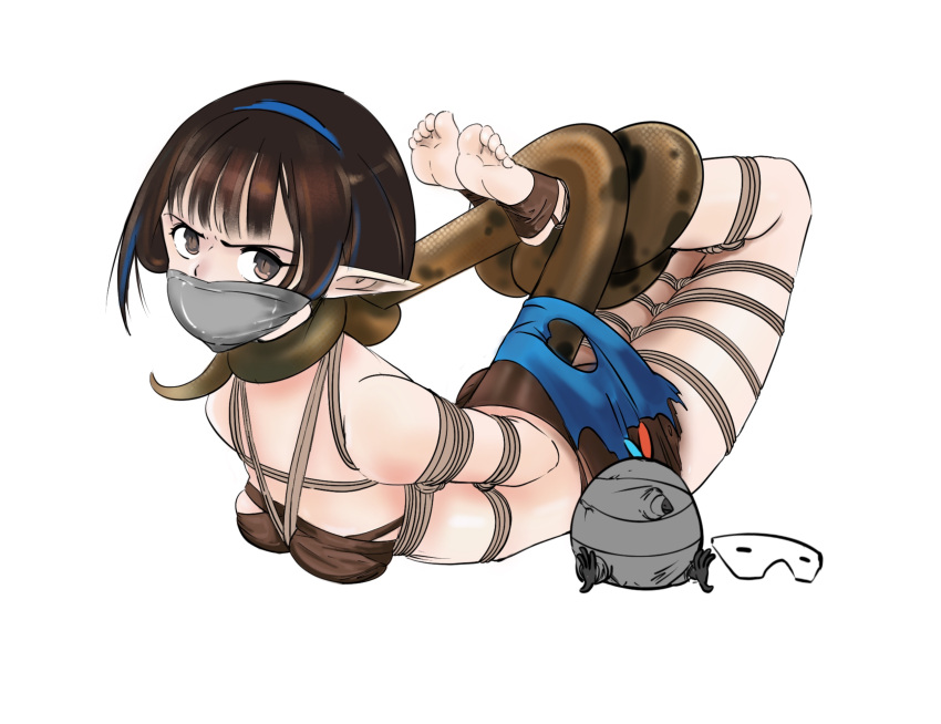 1girl arknights artist_request bandeau bangs bare_shoulders bdsm black_hair blue_hairband bondage bound chinese_commentary commentary_request eunectes_(arknights) gag gagged grey_eyes hairband high_priest_(arknights) highres hogtie improvised_gag looking_at_viewer lying on_stomach pointy_ears rope second-party_source shibari short_hair simple_background snake_tail solo strapless tail tape tape_gag thighs tube_top white_background