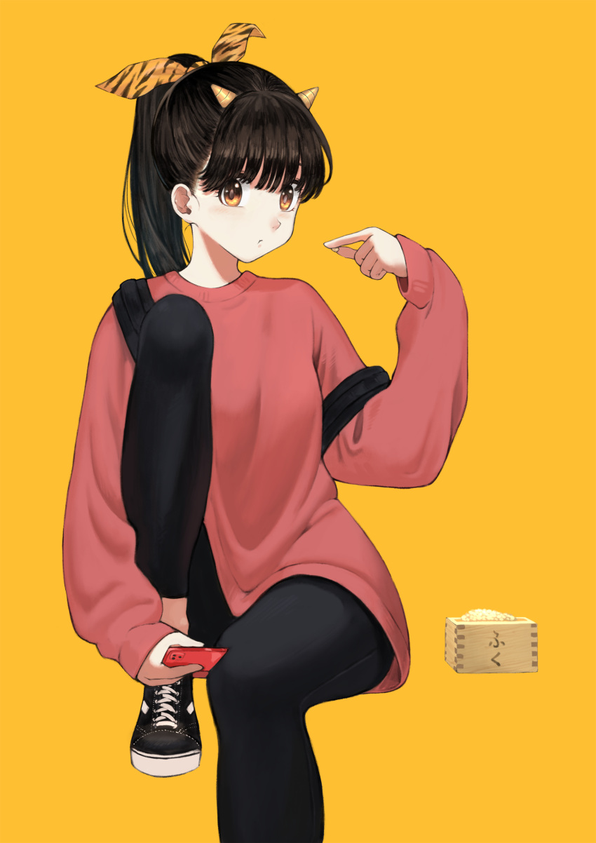 1girl absurdres backpack bag bangs black_hair black_legwear blush closed_mouth eating food hair_ribbon high_ponytail highres holding holding_food horns kagyu_nakamura long_hair orange_eyes original pants ponytail ribbon shoes simple_background sitting solo sweatpants sweatshirt