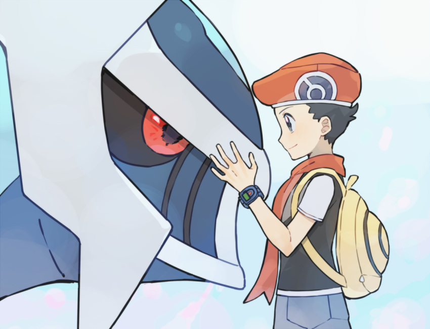 1boy backpack bag beret black_hair black_vest closed_mouth commentary_request dialga from_side grey_eyes grey_pants hand_up hat lucas_(pokemon) male_focus orange_headwear orange_scarf pants poke_ball_print pokemon pokemon_(creature) pokemon_(game) pokemon_dppt poketch rata_(m40929) scarf shirt short_hair short_sleeves smile vest watch white_shirt wristwatch