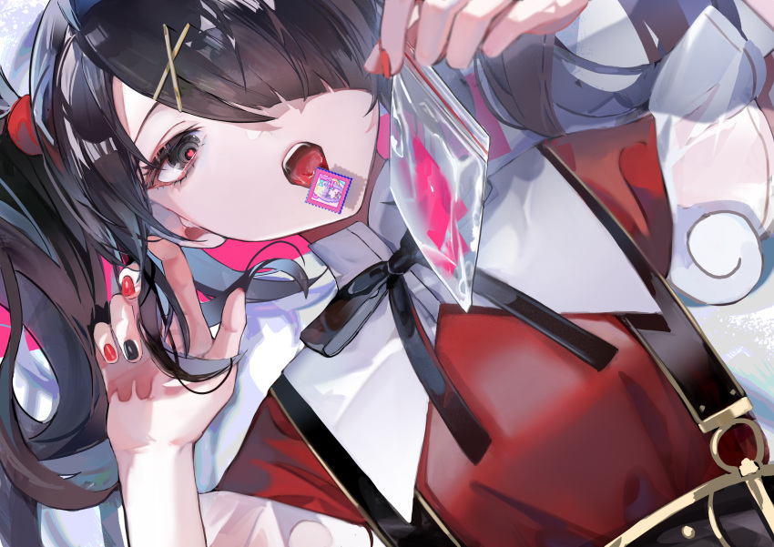 1girl absurdres ame-chan_(needy_girl_overdose) angel_wings artist_request bangs black_eyes black_hair blunt_bangs bow cocaine collared_shirt drugs hair_ornament hair_over_one_eye heart heart-shaped_pupils highres holding long_hair looking_at_viewer lsd lying nail nail_polish needy_girl_overdose open_mouth shirt short_sleeves simple_background skirt solo solo_focus suspender_skirt suspenders symbol-shaped_pupils tongue tongue_out twintails wings x_hair_ornament ziploc_bag