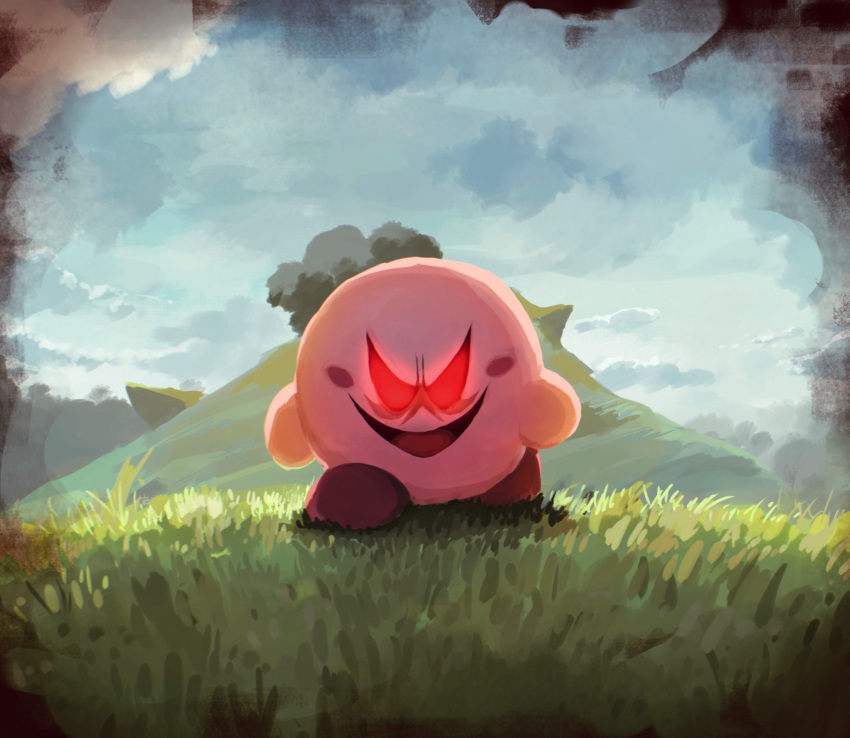 &gt;:d alien ambiguous_gender angry_eyes bald barefoot cloud evil_grin featureless_crotch feet glowing glowing_eyes grass happy hi_res hill kirby kirby:_right_back_at_ya! kirby_(series) looking_at_viewer multicolored_body multicolored_skin nintendo noseless not_furry nude open_mouth outside pink_body pink_skin plant red_body red_eyes red_skin rosy_cheeks round_body shadow sky smile smiling_at_viewer solo standing suyasuyabi427 tongue tree video_games waddling_head
