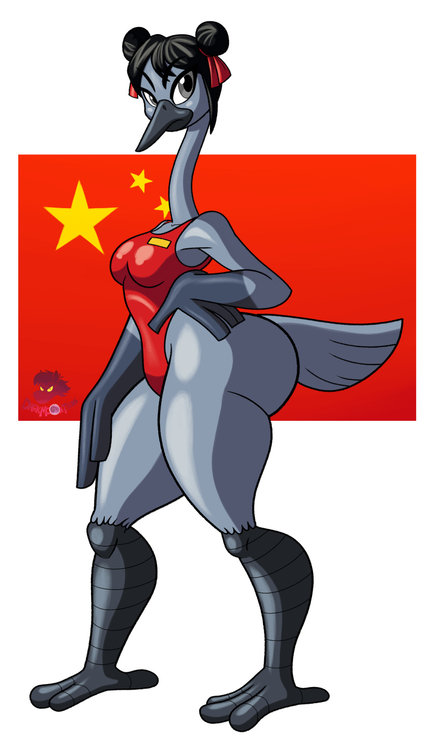 2021 absurd_res alpha_channel anthro avian barefoot big_butt bird black_hair blu3danny border breasts butt chinese_flag clothed clothing crane_(bird) digital_media_(artwork) feathers feet female grey_body grey_feathers gruiform hair hair_bun hair_buns hand_on_hip hand_on_own_hip hi_res huge_butt lei_sun looking_at_viewer one-piece_swimsuit signature solo standing swimmer swimwear thick_thighs transparent_border