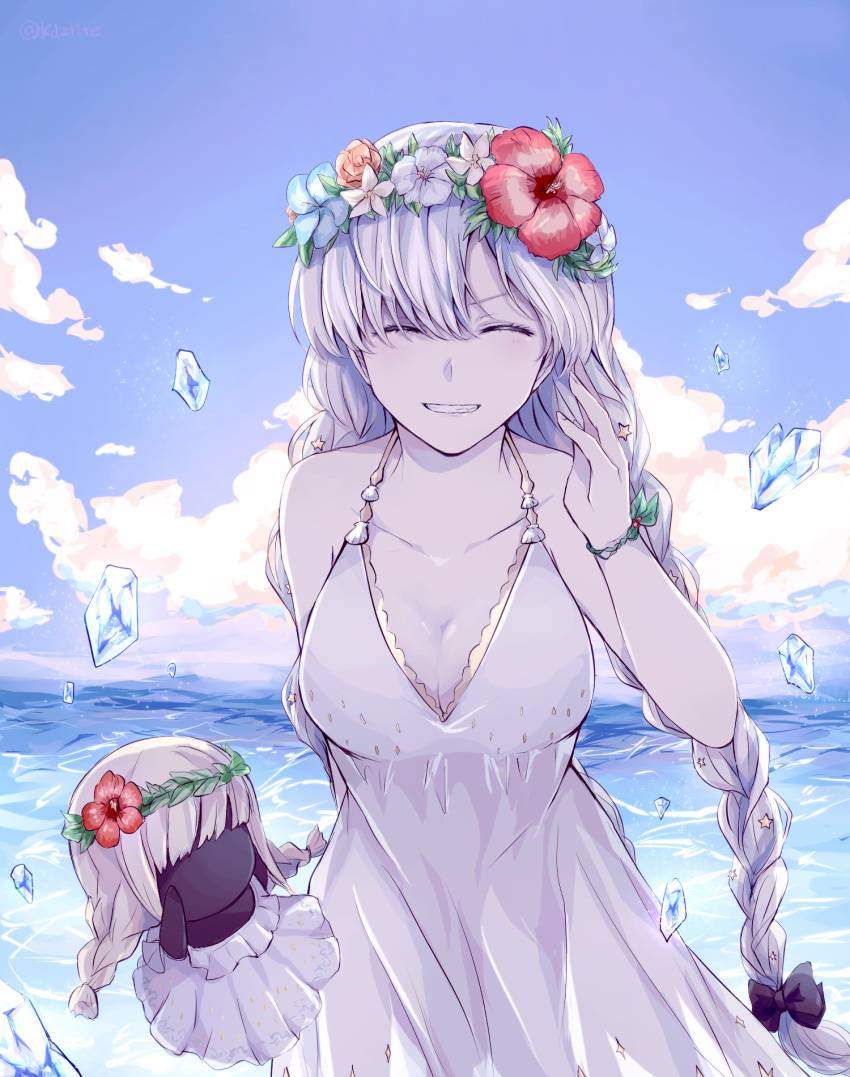 0825belle 1girl anastasia_(fate) anastasia_(swimsuit_archer)_(fate) bangs bare_shoulders beach blue_sky blush bow braid breasts cleavage closed_eyes collarbone day doll dress dress_swimsuit fate/grand_order fate_(series) flower_wreath hair_bow hair_over_one_eye head_wreath highres ice large_breasts long_hair ocean revision shore silver_hair sky twin_braids very_long_hair viy_(fate) white_dress