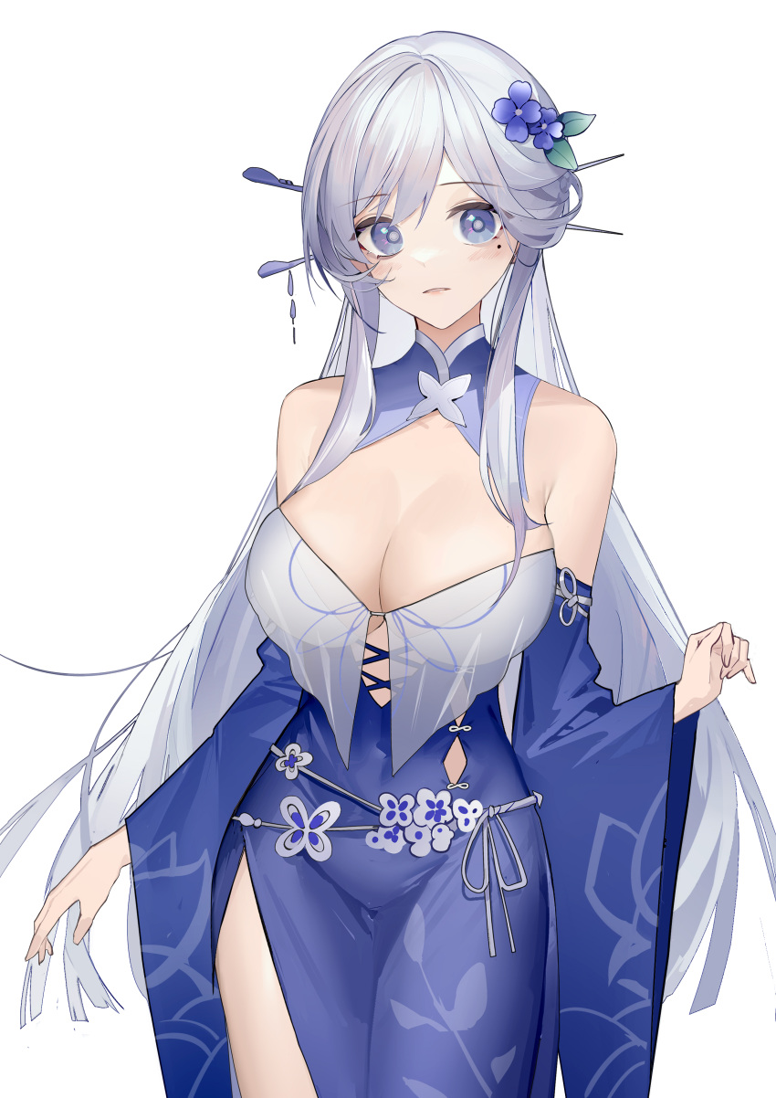 1girl absurdres bangs blue_dress blue_eyes blue_flower breasts chinese_commentary cleavage closed_mouth commentary_request copyright_request detached_sleeves dress eyebrows_visible_through_hair flower hair_ornament hairpin highres large_breasts long_hair looking_at_viewer luozhou_pile mole mole_under_eye see-through side_slit silver_hair simple_background solo standing very_long_hair white_background wide_sleeves
