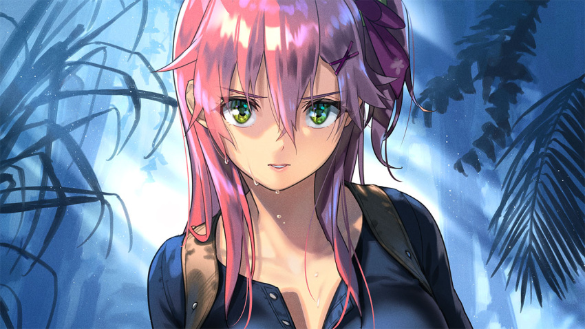 1girl bangs blue_skirt commentary_request eyebrows_visible_through_hair green_eyes hair_between_eyes hair_ornament hair_ribbon hikosan hololive leaf light_particles long_hair looking_at_viewer one_side_up outdoors parted_lips pink_hair ribbon sakura_miko skirt solo sweat uncharted_4 upper_body virtual_youtuber x_hair_ornament