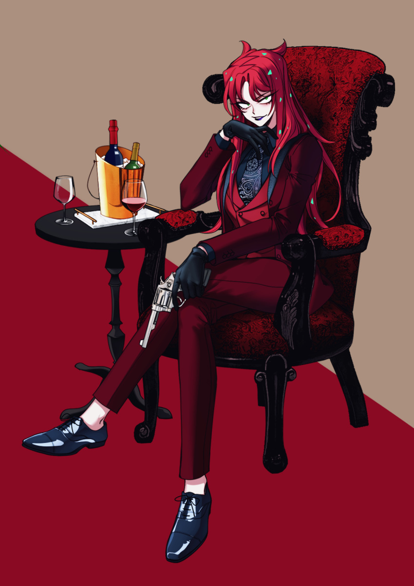 1girl black_gloves blue_lips bottle couch crossed_legs cup diavolo drinking_glass formal genderswap genderswap_(mtf) gloves green_eyes gun highres holding holding_gun holding_weapon ice_bucket jojo_no_kimyou_na_bouken lipstick long_hair looking_at_viewer makeup necktie paisley paisley_necktie pant_suit pink_hair polka_dot_hair red_hair red_suit revolver round_table sempon_(doppio_note) sitting solo suit trigger_discipline vento_aureo vest waistcoat weapon wine_bottle wine_glass