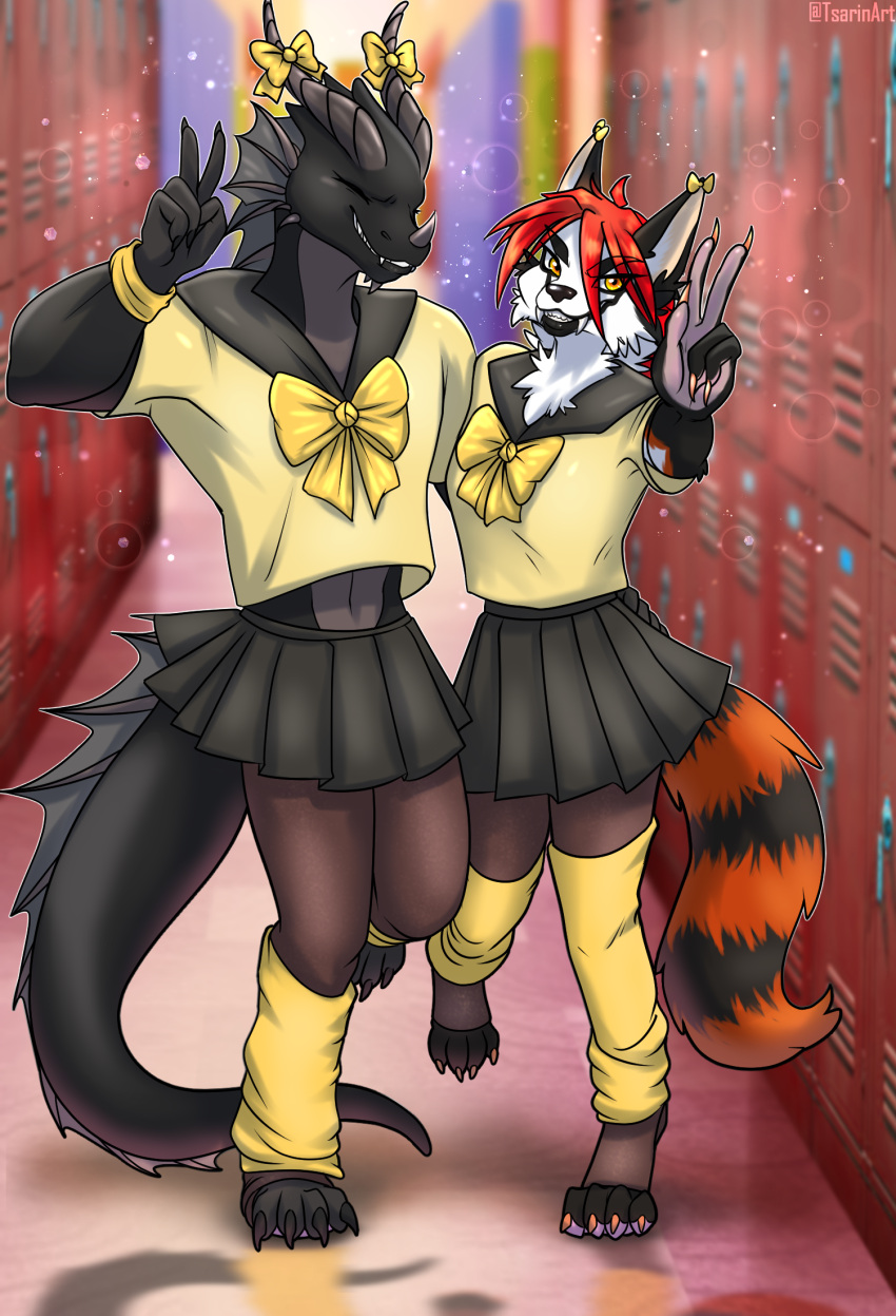 4322chan anthro canid canine canis clothing detailed_background dragon duo eyes_closed female gesture hi_res idol male mammal multiple_poses obsidian_(dragon) pose ribbons school school_uniform smile smiling_at_viewer uniform v_sign wolf yellow_clothing