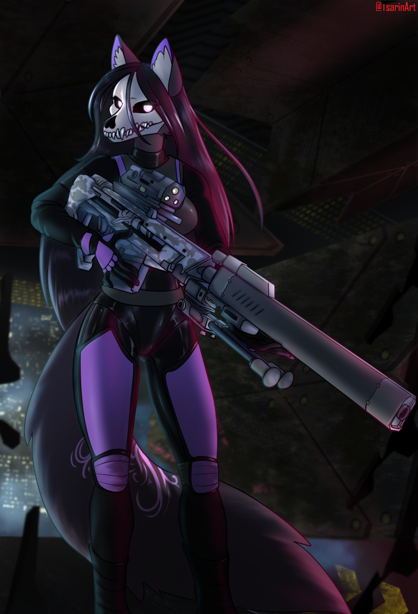 4322chan anthro armor black_hair canid canine clothing female fox fullbody_suit fur glowing glowing_eyes glowing_markings grey_body grey_fur gun hair hi_res holding_object holding_weapon hybrid inside_vehicle looking_at_viewer mammal markings purple_body purple_clothing purple_fur ranged_weapon rifle solo undead weapon