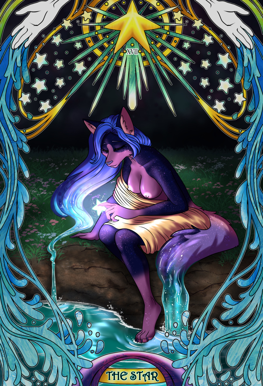 4322chan anthro art_nouveau blue_hair breasts canid canine canis card clothed clothing detailed_background eyes_closed female flower fortune_telling fur hair hi_res holding_object lakeside major_arcana mammal nipples partially_clothed plant purple_body purple_fur solo star tarot tarot_card the_star_(tarot) waterfall wolf