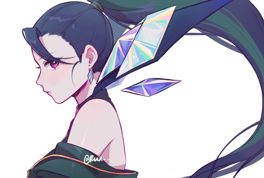 1girl absurdres bangs bare_shoulders black_hair blush crystal earrings from_side green_hair green_jacket highres jacket jewelry k/da_(league_of_legends) k/da_all_out_kai'sa kai'sa league_of_legends long_hair multicolored_hair off_shoulder ponytail purple_eyes ruan_chen_yue shiny shiny_skin signature simple_background solo two-tone_hair white_background