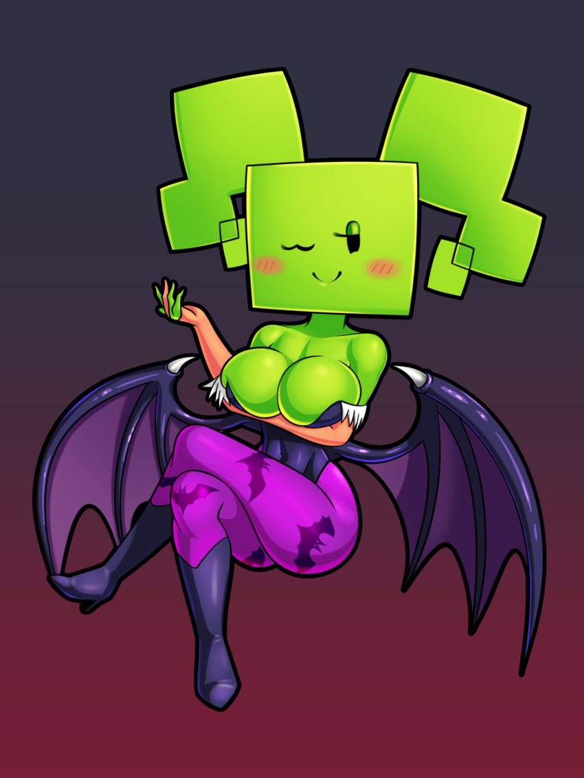 bat_wings big_breasts blush bodysuit breasts capcom cleavage clothed clothing cosplay crossed_legs darkstalkers female gradient_background hi_res humanoid looking_at_viewer mario_bros membrane_(anatomy) membranous_wings mimi_(mario) morrigan_aensland nintendo not_furry one_eye_closed paper_mario simple_background skinsuit sleepiitreat smile solo tight_clothing video_games wings wink