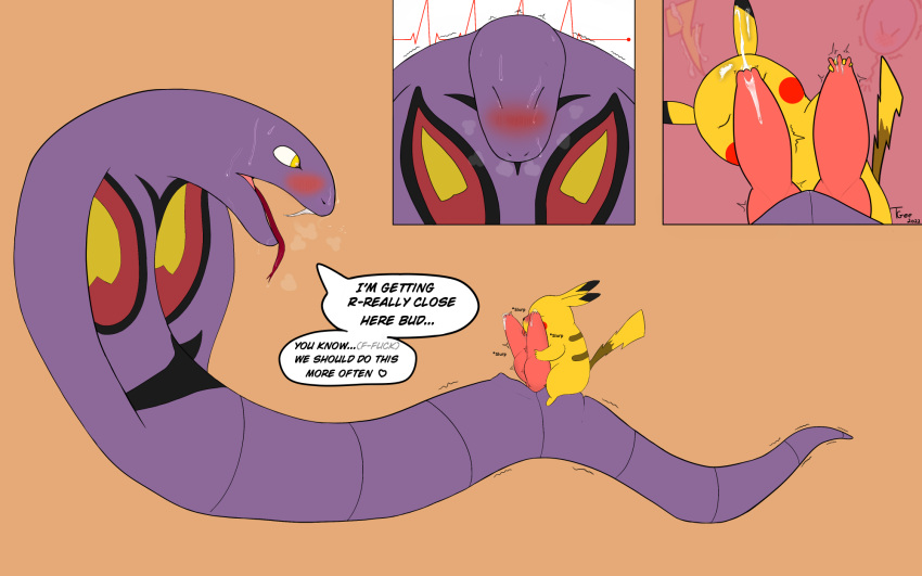 2022 ambiguous_gender arbok blush bodily_fluids comic cum cum_on_face cum_on_penis cumshot digital_drawing_(artwork) digital_media_(artwork) duo ejaculation feral genital_fluids genitals hi_res larger_male licking male mammal monotone_body nintendo one_page_comic oral penile penis penis_lick pikachu pok&eacute;mon pok&eacute;mon_(species) reptile scalie sex simple_background size_difference slit smaller_ambiguous snake sweat sweatdrop tgee tongue tongue_out video_games widescreen