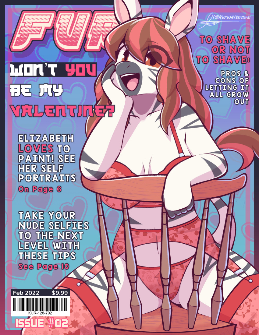 &lt;3 absurd_res anthro big_breasts bra breasts brown_hair chair clothed clothing cover digital_media_(artwork) english_text equid equine female fur furniture hair hand_on_cheek hi_res kurus legwear lingerie looking_at_viewer magazine magazine_cover mammal multicolored_body multicolored_hair open_mouth pubes red_clothing red_lingerie simple_background sitting solo stockings text thigh_highs topwear two_tone_hair underwear white_body white_fur zebra