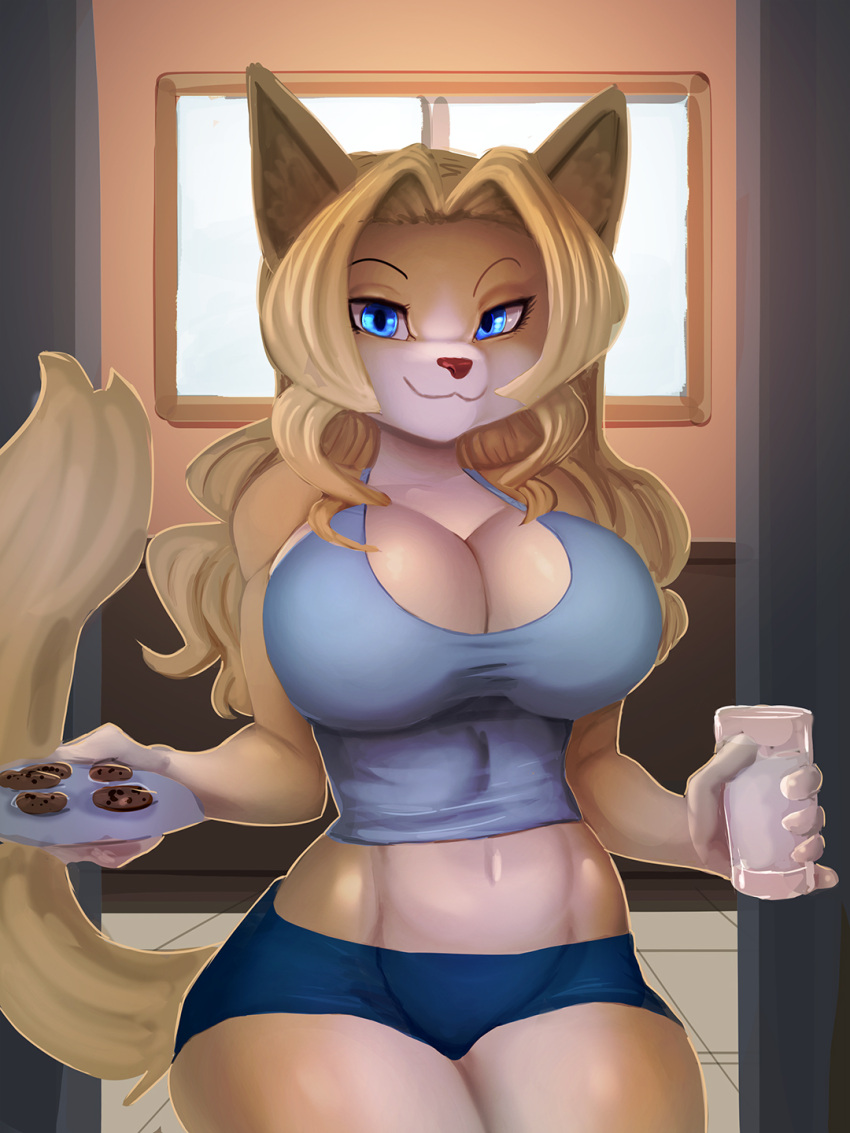 anthro beverage big_breasts blonde_hair blue_eyes bottomwear breasts cheese_quesadilla clothing cookie felid female food general-irrelevant hair hi_res holding_beverage holding_cookie holding_food holding_object inside looking_at_viewer mammal mature_female navel shirt shorts smile solo tank_top topwear window