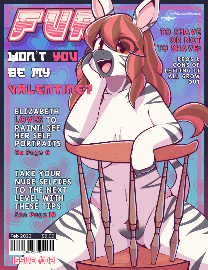 &lt;3 absurd_res anthro big_breasts breasts brown_hair chair convenient_censorship cover digital_media_(artwork) english_text equid equine female fur furniture hair hi_res horse kurus looking_at_viewer magazine magazine_cover mammal multicolored_body multicolored_fur multicolored_hair nude open_mouth pubes simple_background solo text tongue two_tone_body two_tone_fur white_body white_fur zebra