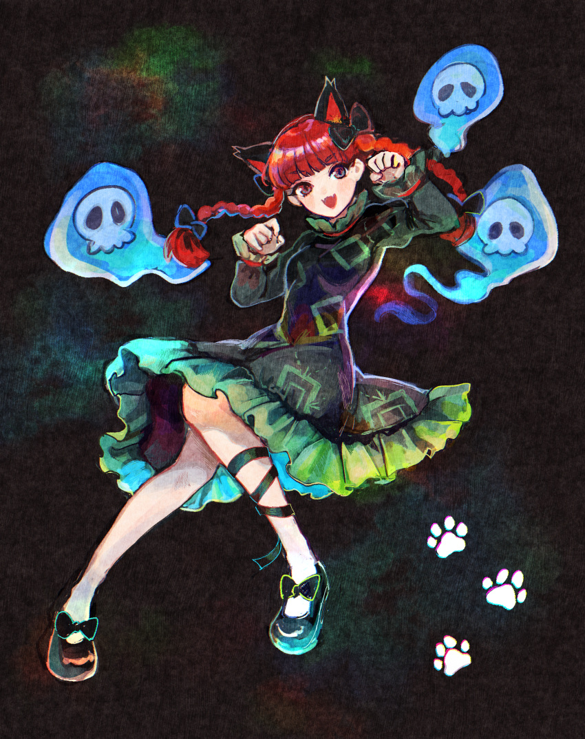 1girl :d absurdres animal_ears bangs black_bow black_footwear black_ribbon blue_fire blunt_bangs bow braid cat_ears chromatic_aberration dark_background dress extra_ears eyebrows_visible_through_hair fangs fire floating_hair floating_skull footwear_bow full_body garan_co green_dress hair_bow hair_ribbon hands_up highres hitodama iridescent juliet_sleeves kaenbyou_rin knees_together_feet_apart leg_ribbon long_sleeves looking_at_viewer paw_pose paw_print petticoat puffy_sleeves red_eyes red_hair ribbon simple_background skin_fangs smile solo touhou tress_ribbon twin_braids twintails