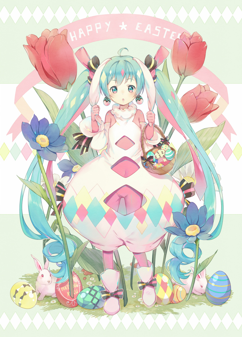 1girl :o albino alternate_costume animal_ears aqua_eyes aqua_hair argyle argyle_cutout banner basket blue_flower blush bodysuit bow bunny carrying character_name clothing_cutout commentary_request covered_navel crotch_cutout curly_hair cutout_above_navel daisy detached_sleeves diamond_(shape) earrings easter easter_egg easter_miku egg egg_earrings ekita_kuro english_text eyebrows_visible_through_hair flower footwear_bow full_body grabbing grass hair_bow happy_easter hatsune_miku highres holding_ears jewelry leaf leg_up long_hair multicolored_eyes multicolored_hair mushroom navel_cutout open_mouth oversized_object pink_bodysuit pink_bow pink_flower puffy_pants rabbit_ears red_flower revision ribbon-trimmed_sleeves ribbon_trim shoes solo striped striped_bow tulip twintails unitard very_long_hair vocaloid white_flower white_footwear white_sleeves