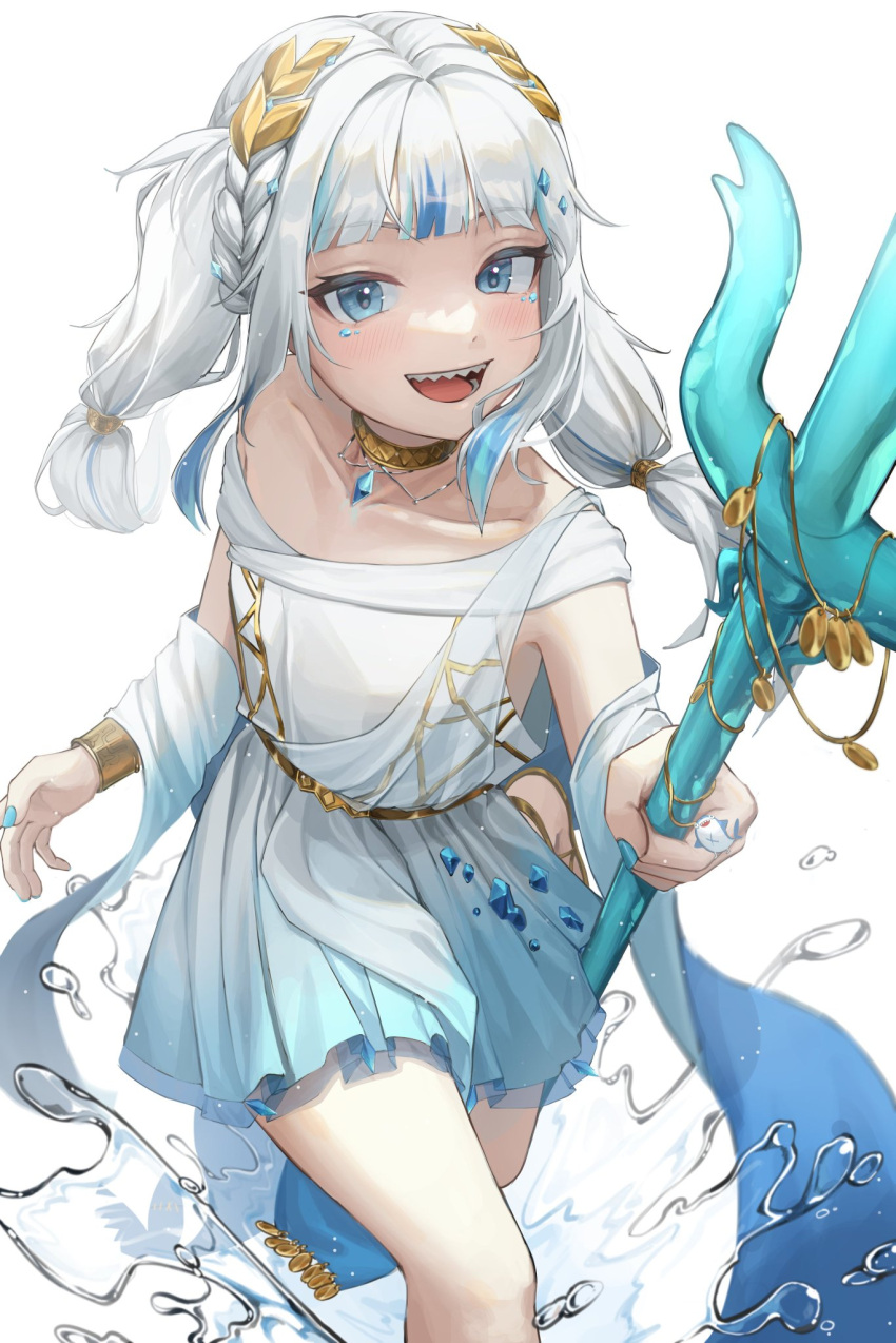 1girl blue_eyes blush dress gawr_gura highres hololive hololive_english kongsi long_hair multicolored_hair official_alternate_costume polearm sharp_teeth solo streaked_hair teeth trident twintails_day virtual_youtuber water weapon white_dress white_hair