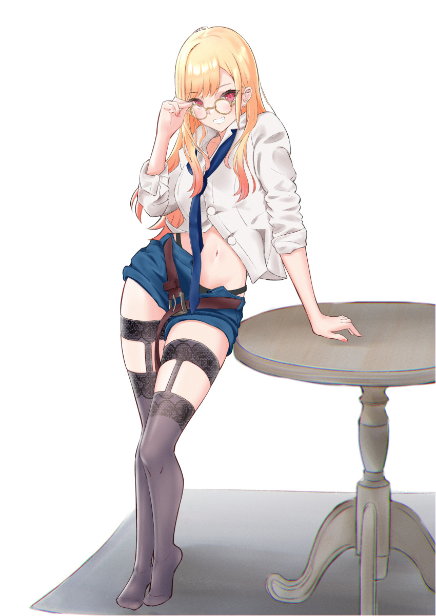 absurdres alternate_costume arm_support bangs belt black_legwear blonde_hair breasts collared_shirt colored_tips denim denim_shorts dress_shirt earrings glasses highleg highleg_panties highres jewelry kitagawa_marin large_breasts leather_belt long_hair multicolored_hair navel necktie open_belt open_fly panties partially_unbuttoned piercing pl03709193 red_eyes red_hair removing_eyewear school_uniform shirt shorts sono_bisque_doll_wa_koi_wo_suru table underwear white_shirt