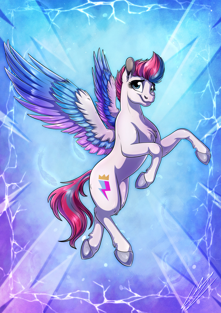 absurd_res blue_eyes cutie_mark equid equine feathers female hasbro hi_res hooves lupiarts mammal multicolored_body multicolored_feathers my_little_pony pegasus solo spread_wings wings zipp_storm_(mlp)