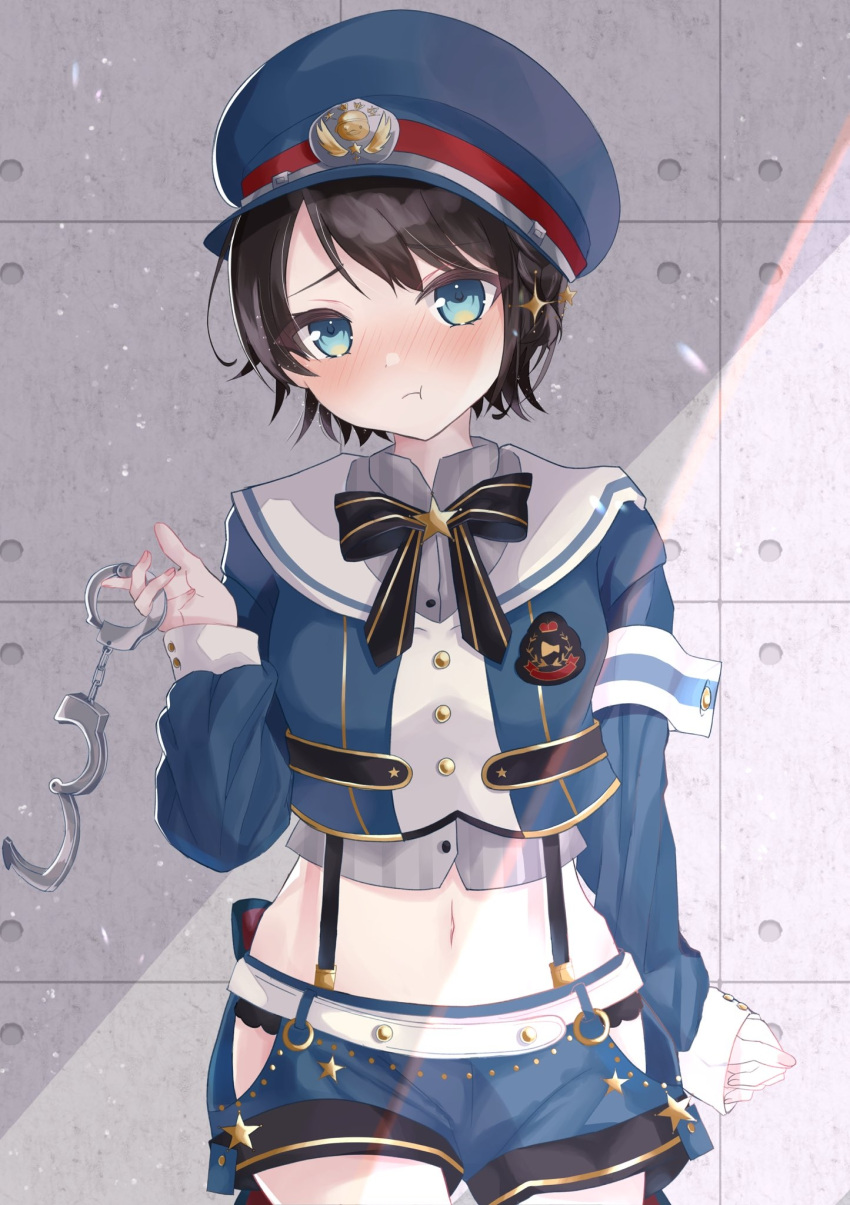 1girl :t ageha_uru armband bangs black_bow black_bowtie black_panties blue_eyes blue_headwear blue_jacket blue_shorts blush bow bowtie braid brown_hair buttons cowboy_shot cropped_jacket cropped_shirt cuffs embarrassed french_braid grey_shirt hair_ornament hairclip handcuffs hat high_collar highres hip_vent holding holding_handcuffs hololive jacket long_sleeves looking_at_viewer midriff navel oozora_subaru panties panty_peek police_hat pout shirt short_hair shorts sleeve_cuffs solo star_(symbol) star_hair_ornament striped striped_shirt suspender_shorts suspenders swept_bangs underwear vertical-striped_shirt vertical_stripes virtual_youtuber