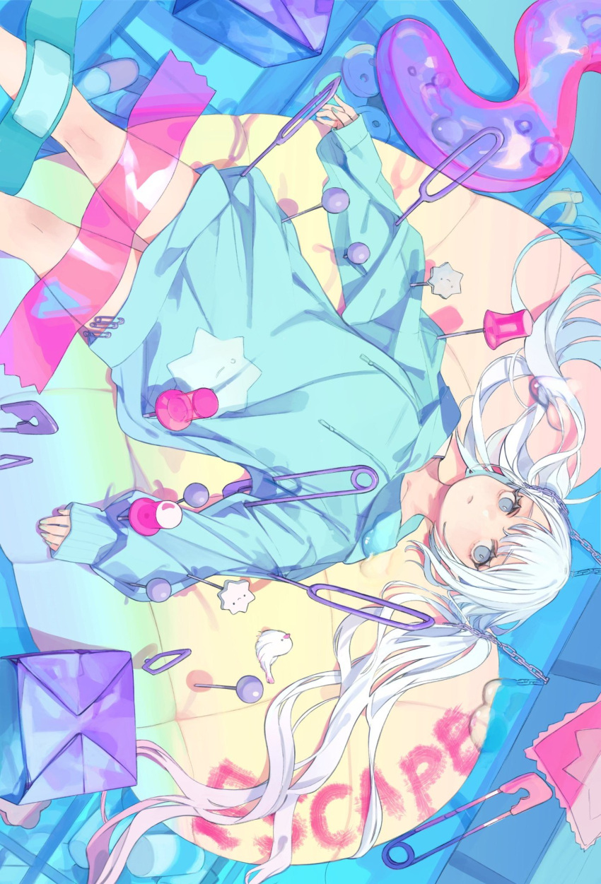 1girl bangs bare_legs blue_eyes chain closed_mouth commentary_request dutch_angle eyelashes feet_out_of_frame from_above highres light_blue_hair long_hair looking_at_viewer lying mail nightgown on_back original restrained solo tokiwata_soul twintails