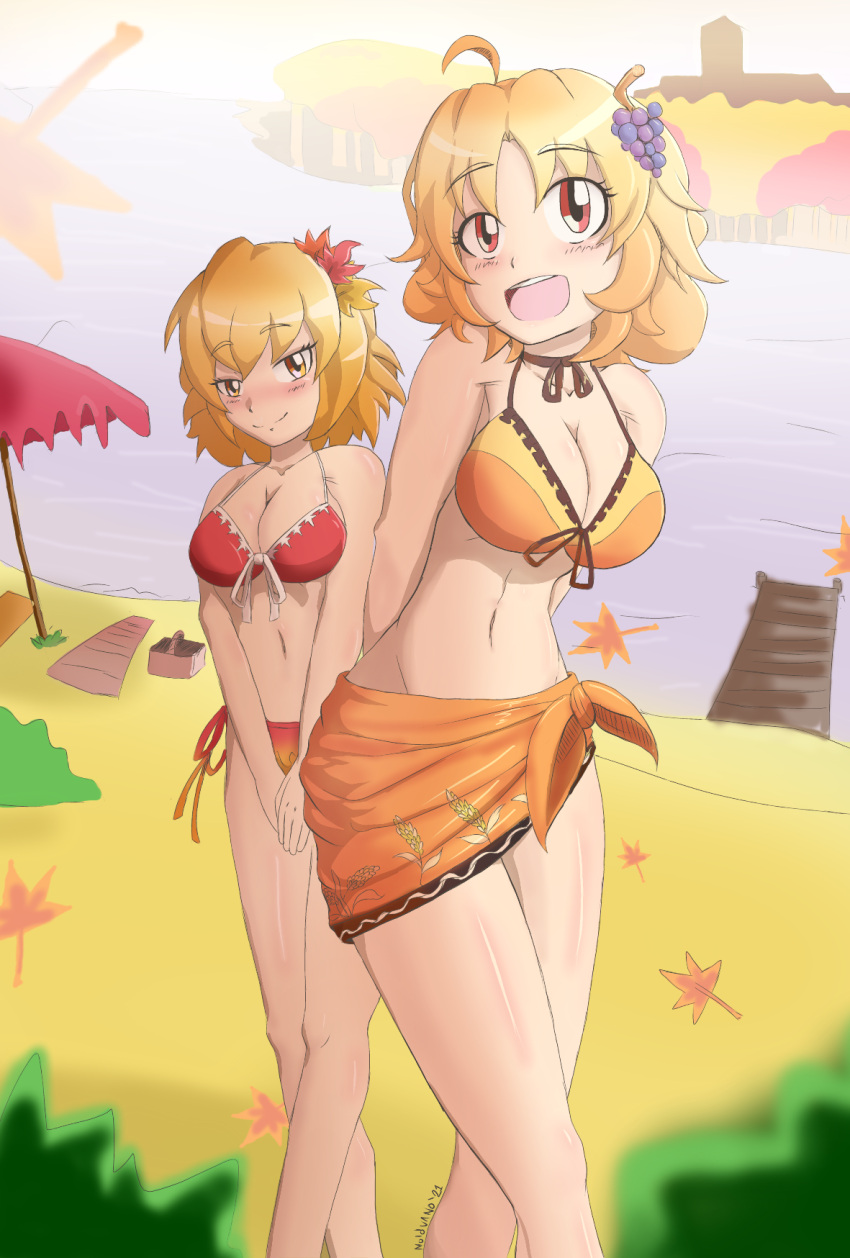 2girls aki_minoriko aki_shizuha beach bikini blonde_hair blush breasts building bush food food-themed_hair_ornament fruit grape_hair_ornament grapes hair_ornament highres large_breasts leaf leaf_hair_ornament mansion maple_leaf multiple_girls noldvano picnic_basket pier red_bikini red_eyes seaside seductive_smile smile swimsuit touhou tree umbrella wheat_print