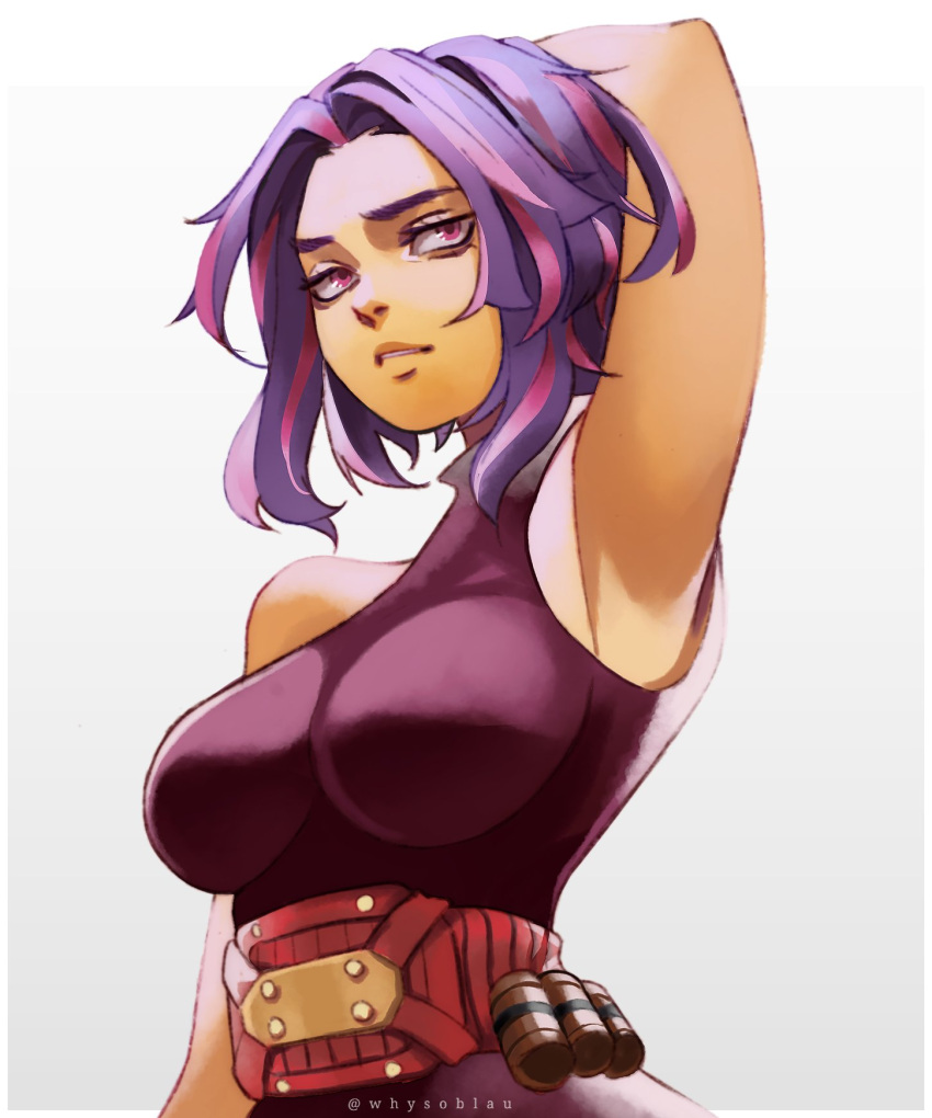 1girl arm_behind_head arm_up artist_name boku_no_hero_academia gradient gradient_background highres lady_nagant looking_to_the_side multicolored_hair outside_border parted_lips pink_eyes pink_hair purple_hair short_hair simple_background skin_tight sleeveless solo twitter_username upper_body whysoblau