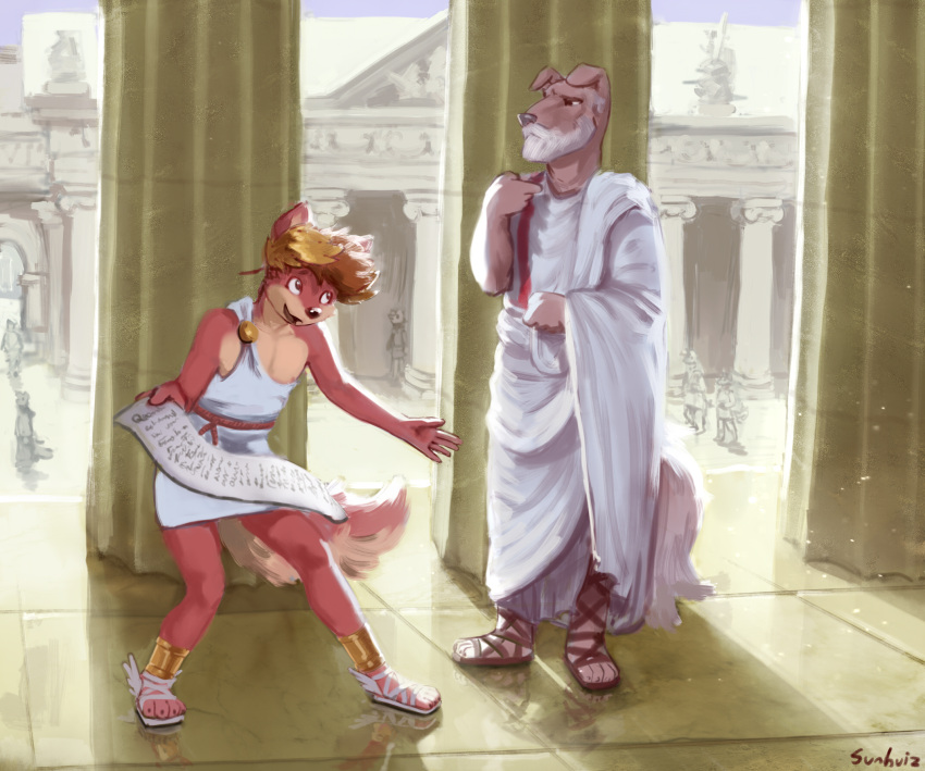 anthro architecture beard canid canine clothing cyrus_(sunhuiz) dig duo facial_hair footwear gold_(metal) gold_jewelry hi_res jewelry laurel_wreath male mammal public roman sandals sunhuiz toga tunic