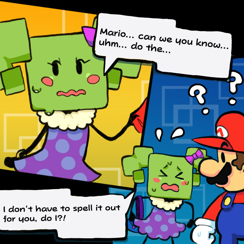 &gt;_&lt; ? bodily_fluids clothed clothing comic dialogue duo embarrassed english_text eyes_closed female hi_res human humanoid looking_away male male/female mammal mario mario_bros mimi_(mario) nintendo not_furry open_mouth paper_mario sweat text unknown_artist video_games