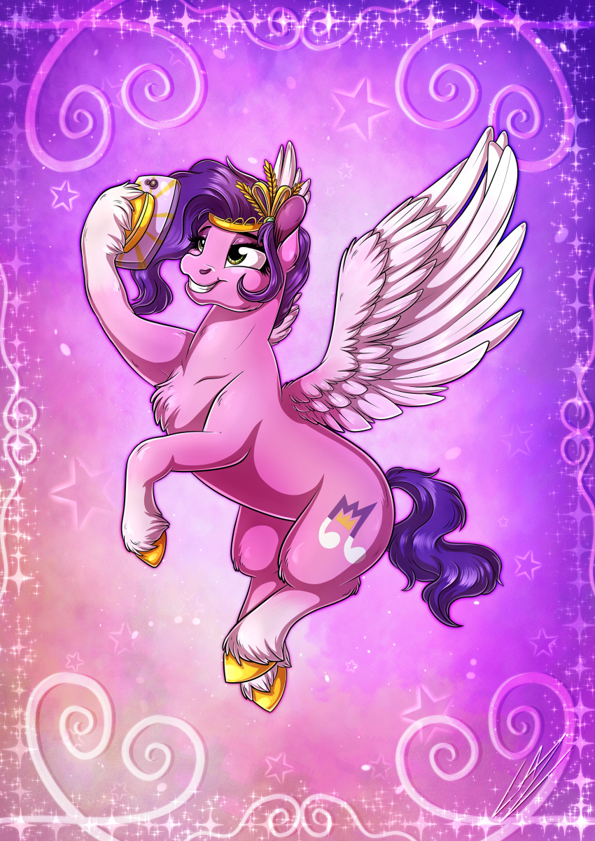 absurd_res cellphone chest_tuft cutie_mark equid equine flying green_eyes hair hasbro headpiece hi_res hooves leg_markings lupiarts mammal markings mlp_g5 my_little_pony pegasus phone pipp_petals_(mlp) purple_hair selfie smartphone socks_(marking) spread_wings tuft wings