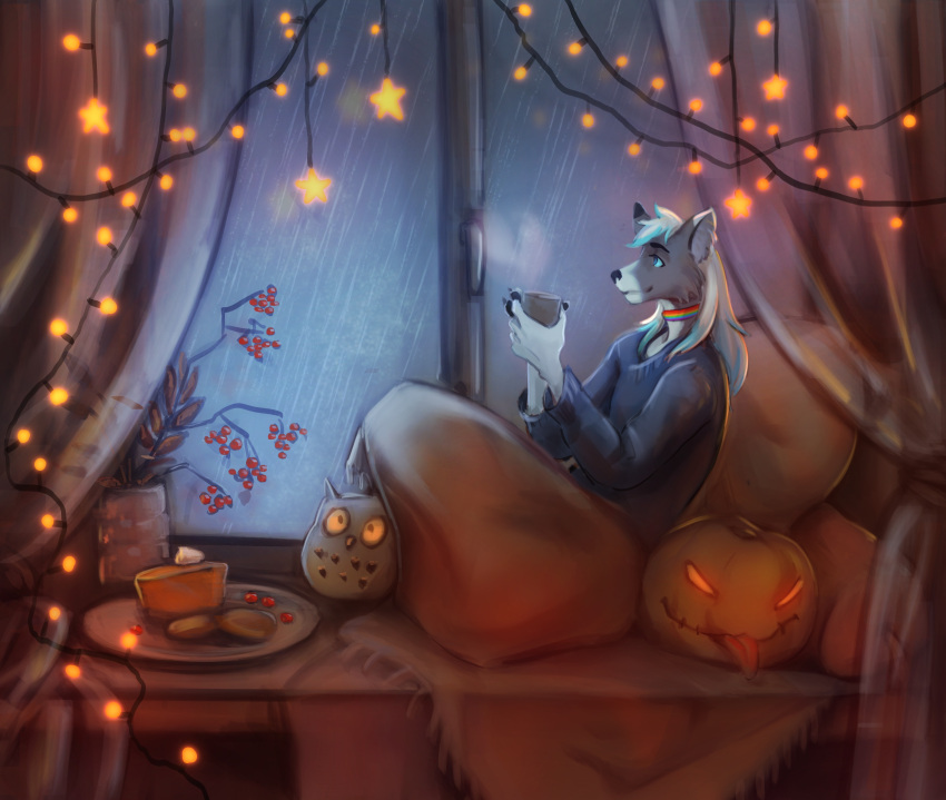 absurd_res anthro autumn canid canine canis cordiale dante_kinkade dessert food hi_res jack-o'-lantern lgbt_pride male mammal pie plushie pride_colors pumpkin_pie raining relaxing solo window_seat wolf