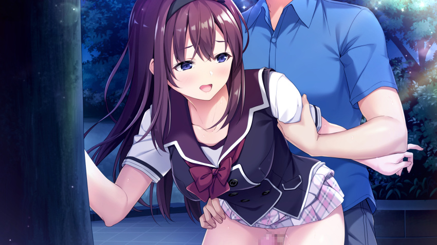1boy 1girl bangs bent_over blue_eyes bow bowtie breasts brown_hair censored clothes_lift collarbone eyebrows_visible_through_hair game_cg hair_between_eyes highres long_hair medium_breasts miniskirt mishima_akari mosaic_censoring night onaji_class_no_idol-san._around_me_is_full_by_a_celebrity. open_mouth outdoors penis plaid plaid_skirt pleated_skirt red_bow red_bowtie school_uniform sex sex_from_behind shiny shiny_hair shirt short_sleeves skirt skirt_lift standing standing_sex unasaka_ryou very_long_hair white_shirt white_skirt