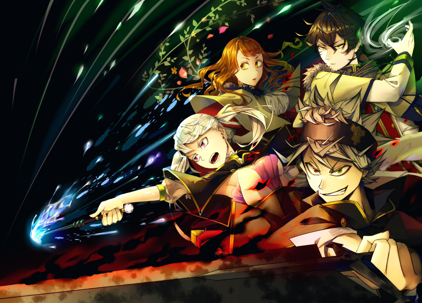 2boys 2girls absurdres ahoge arm_cuffs armpit_crease asta_(black_clover) bangs black_bull_(emblem) black_clover black_hair black_headband blonde_hair breasts capelet cleavage cross dark_background dress earrings flower frills frit_2 fur_trim green_eyes grey_hair hair_between_eyes headband heterochromia high_collar highres holding holding_sword holding_weapon jewelry lace_trim long_bangs long_hair magic messy_hair military_jacket mimosa_vermilion multiple_boys multiple_girls multiple_weapons neck_ring necklace noelle_silva orange_hair pendant plant purple_eyes red_eyes shirt short_hair sideboob silver_hair spiked_hair sword twintails v-shaped_eyebrows vines wand water wavy_hair weapon white_shirt yellow_eyes yuno_(black_clover)