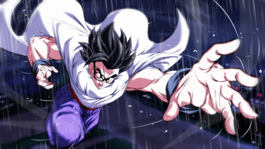 1boy black_eyes black_hair bracelet cape charging_forward dougi dragon_ball dragon_ball_super dragon_ball_super_super_hero glasses jewelry male_focus open_mouth reaching_out rom_(20) solo son_gohan white_cape