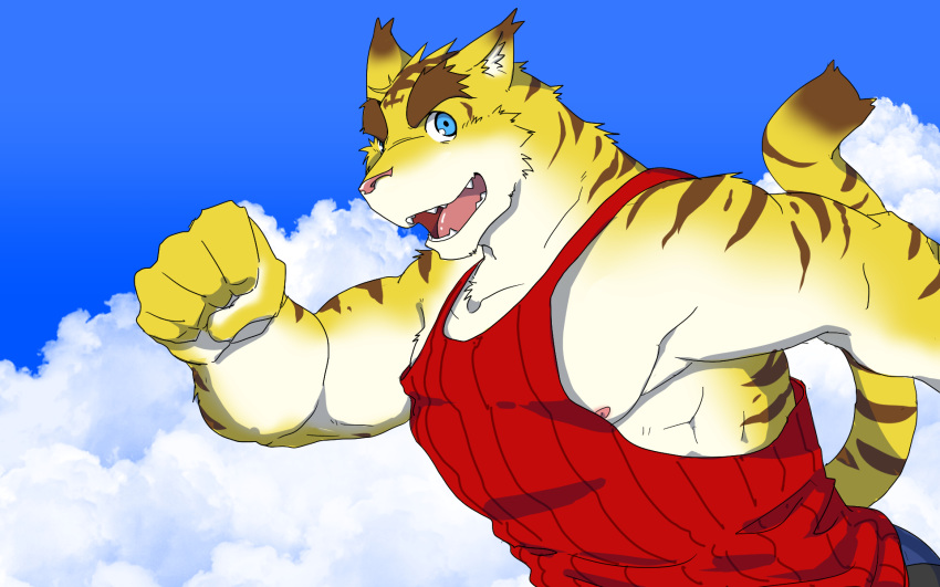 16:10 anthro big_muscles blue_bottomwear blue_clothing blue_eyes blue_pants blue_sky bottomwear clothed clothing cloud felid hi_res looking_at_viewer male mammal morenatsu muscular nipples pantherine pants rotton running shirt sky sky_background smile solo tank_top tiger topwear torahiko_(morenatsu) video_games visual_novel widescreen