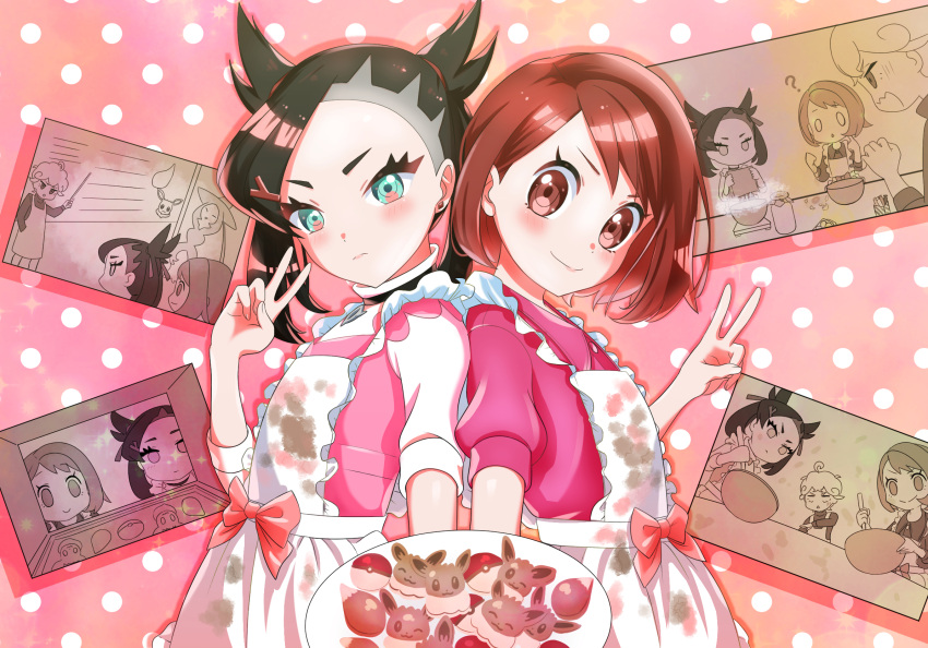 2girls apron back-to-back bad_id bad_pixiv_id baking bede_(pokemon) black_hair brown_eyes brown_hair cookie dirty dirty_clothes eevee food gloria_(pokemon) green_eyes highres maid maid_apron marnie_(pokemon) multiple_girls pink_ribbon poke_ball pokemon pokemon_(game) pokemon_masters_ex pokemon_swsh ribbon riki_(rikixriki07) short_hair v