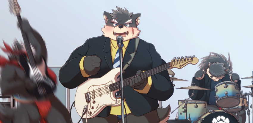 anthro asian_clothing bass_guitar belly black_body black_fur blush bottomless canid canine canis clothed clothing domestic_dog dosanco15 drum east_asian_clothing fundoshi fur group guitar hair hi_res japanese_clothing lifewonders male mammal microphone moritaka muscular muscular_anthro muscular_male musical_instrument overweight pantsless percussion_instrument playing_guitar playing_music plucked_string_instrument ponytail scar shino_(housamo) string_instrument tadatomo tokyo_afterschool_summoners underwear video_games