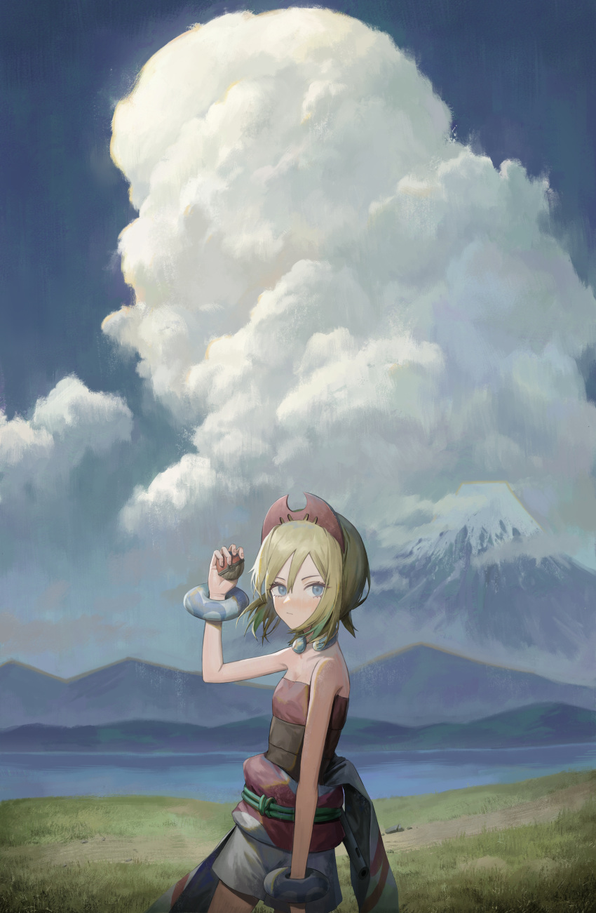 1girl absurdres bare_arms blonde_hair blue_eyes bracelet closed_mouth cloud commentary_request cowboy_shot day grass highres irida_(pokemon) jewelry lake looking_at_viewer mountainous_horizon outdoors pokemon pokemon_(game) pokemon_legends:_arceus red_shirt shirt short_hair shorts solo strapless strapless_shirt subfiction white_shorts